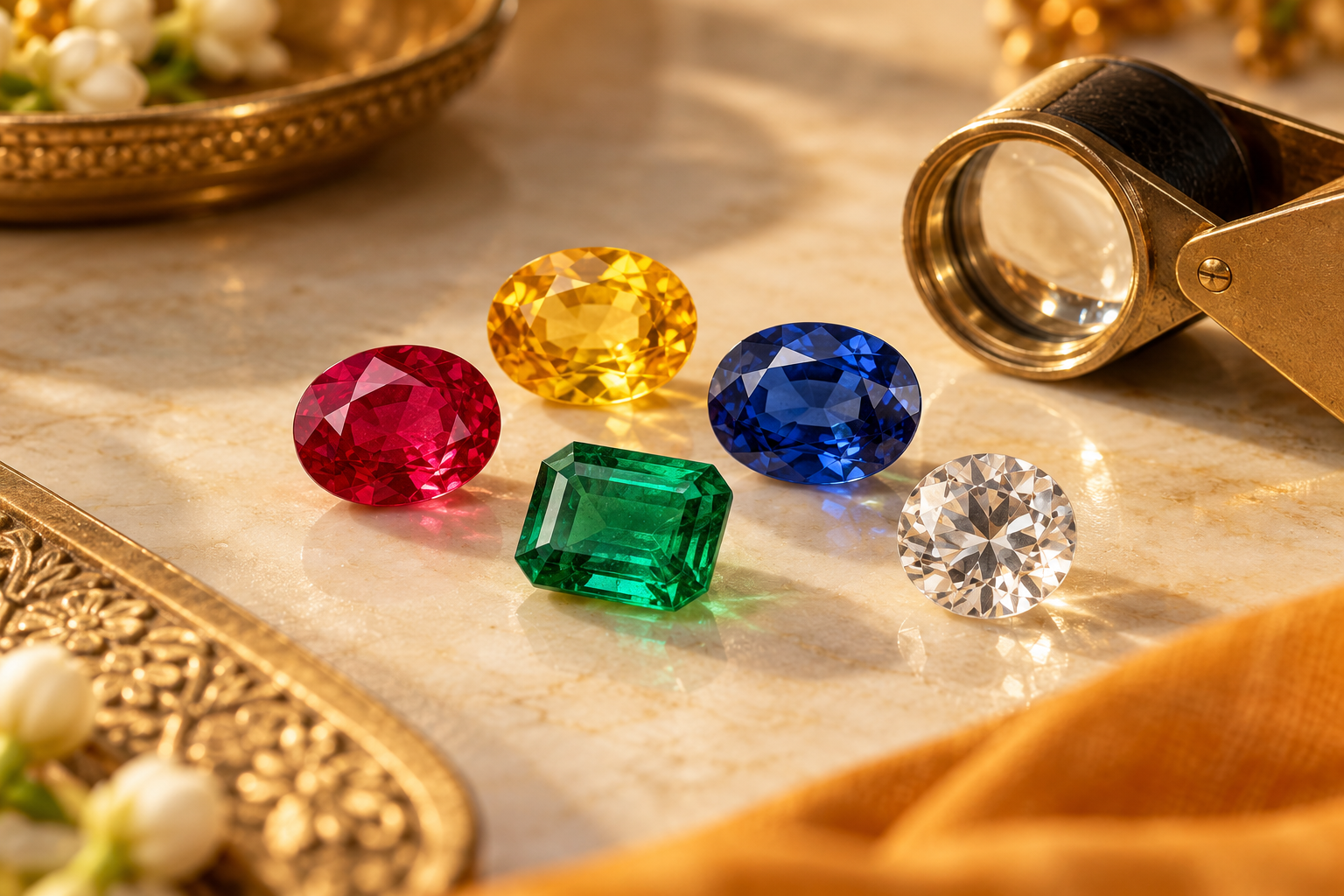 रत्न निवडताना काय पाहावे - Colorful natural certified gemstones arranged with jeweler loupe